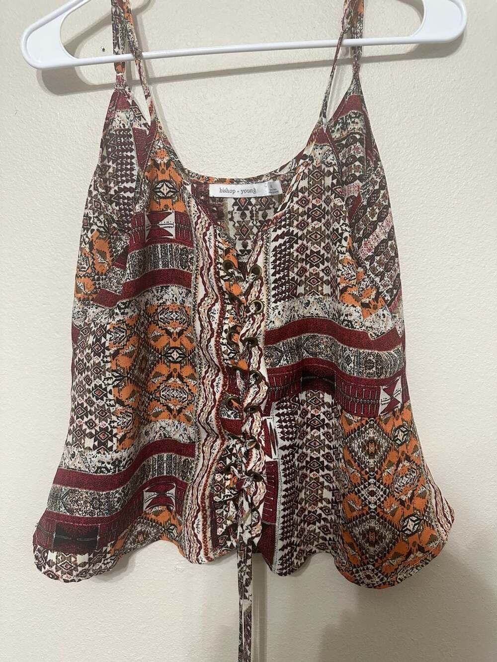 Bishop + Young Boho Patterned Spaghetti Strap Lace-Up Crop Top